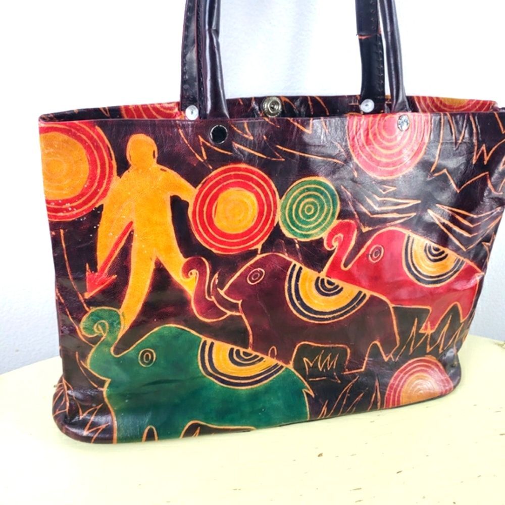 Women's Vintage Handmade Leather Colorful Elephant Snap Handbag Purse - Picture 5 of 12